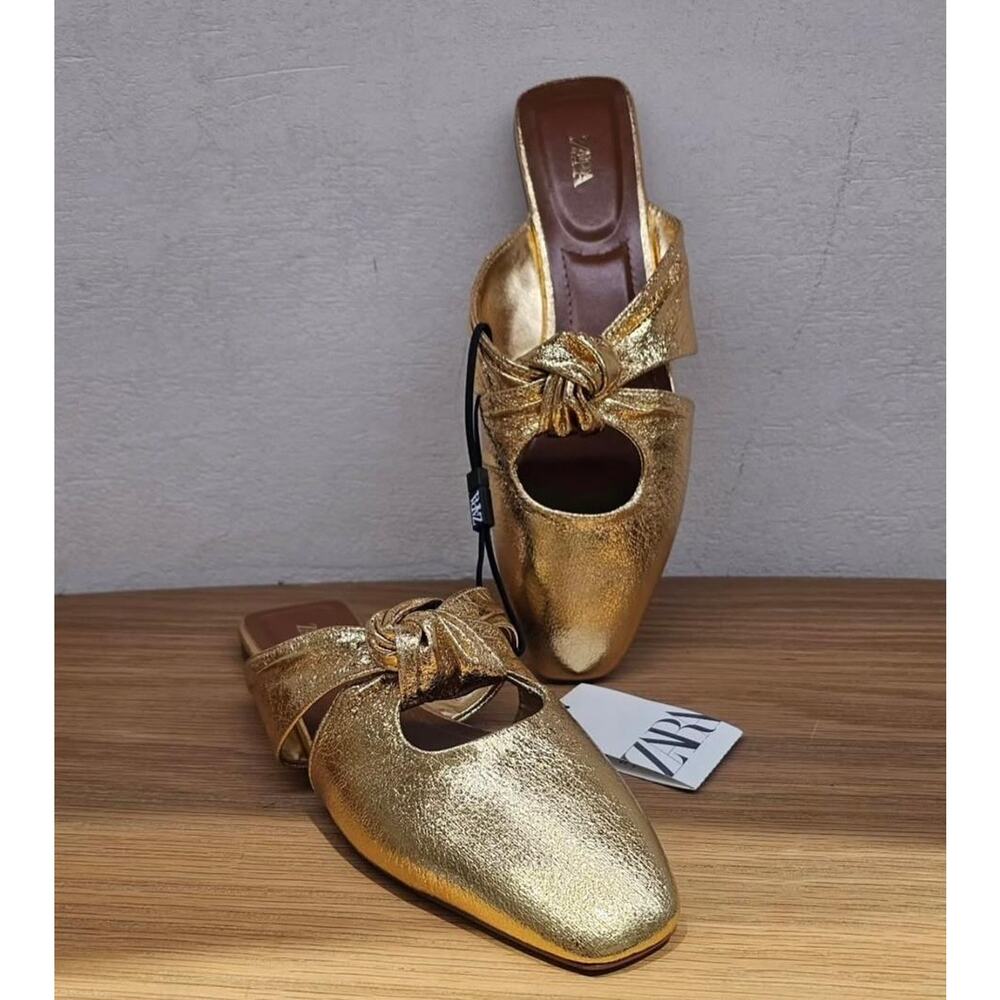 Zara NWT Gold Metallic Knot Square Toe Mules 7.5 8 - Picture 11 of 16